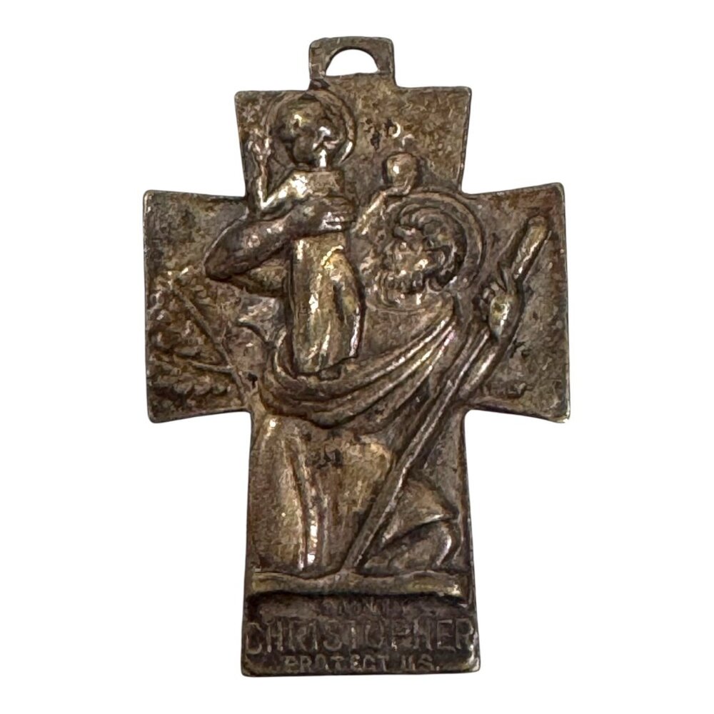 Catholic Saint Christopher Protect Us Bronze Devotional Cross Pendant Religious
